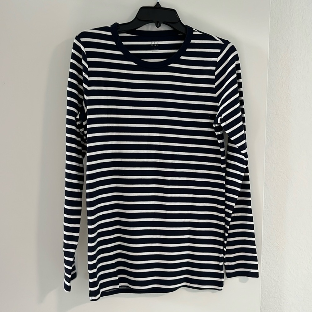 GAP Modern Tee Shirt Crew Neck Long Sleeve Navy/White Stripe Size Large